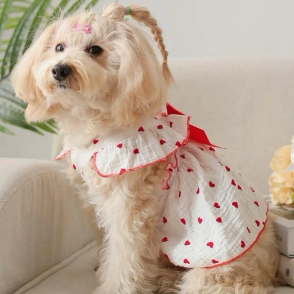 Heart Print Bow Decor Pet Dress dog cat beautiful red white size S new - Picture 11 of 17
